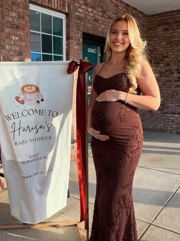 Momyknows Brown Spaghetti Strap Lace Up 3D Embroidery Maternity Baby Shower Maxi Dress