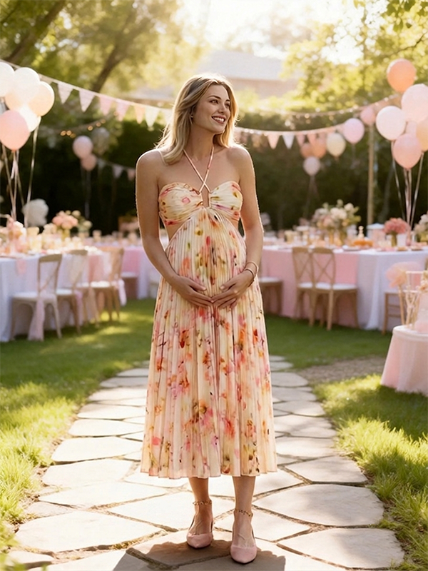 Momyknows Chic Apricot Floral Pleated Cut Out Backless Tie Back Baby Shower Maternity Maxi Dress - Apricot - 1