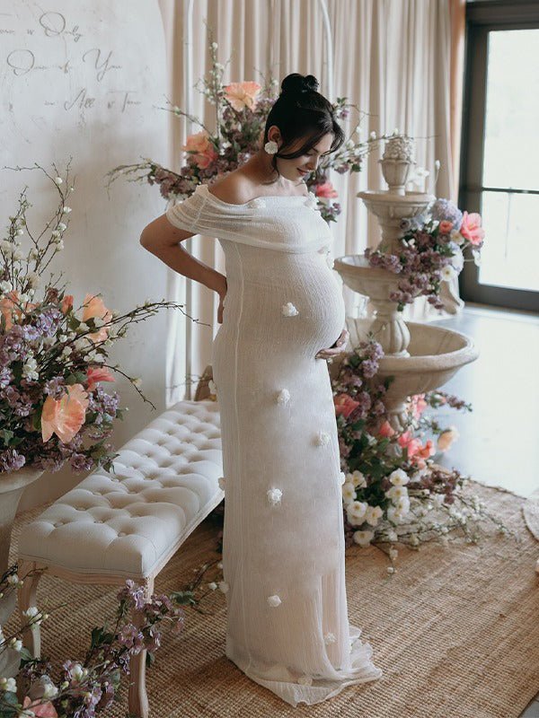 Momyknows White Off Shoulder 3D Flowers Grenadine Sheer Bodycon Elegant Beach Photoshoot Baby Shower Maternity Maxi Dress, White / 3XL