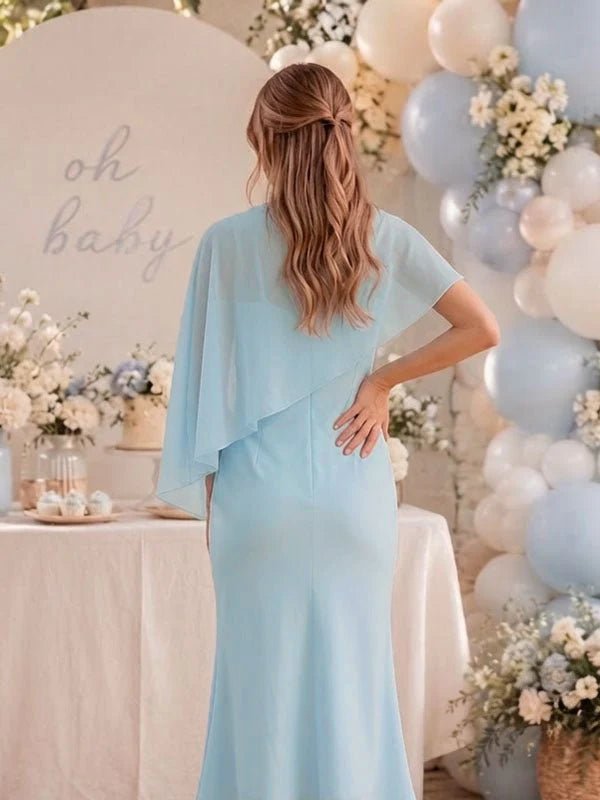Momyknows Mermaid Spaghetti Straps Grenadine Cape 2-in-1 Baby Shower Maternity Maxi Dress - Blue - 4