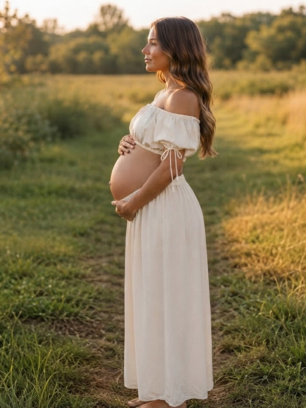 White Elegant Off Shoulder Maternity Maxi Dress with Ruched Bodycon Fit