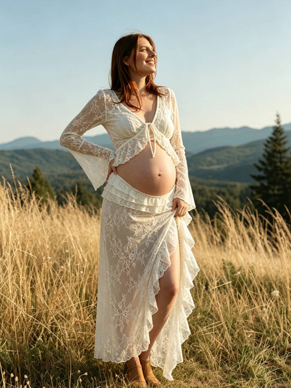 White Lace Maternity Dress with Tie-Front Details and Ruffled Flared Sleeves and Form-Fitting Fit