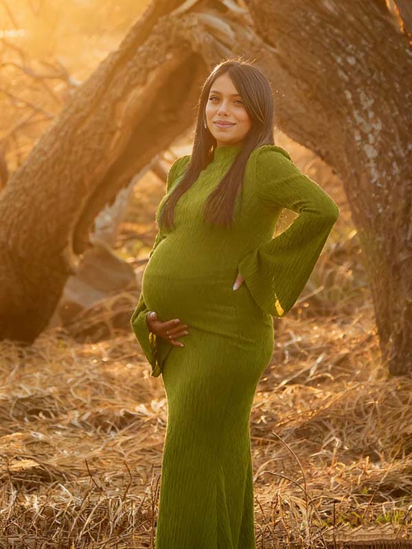 Momyknows Green Smocked Flare Sleeve Maternity Photoshoot Maxi Dress