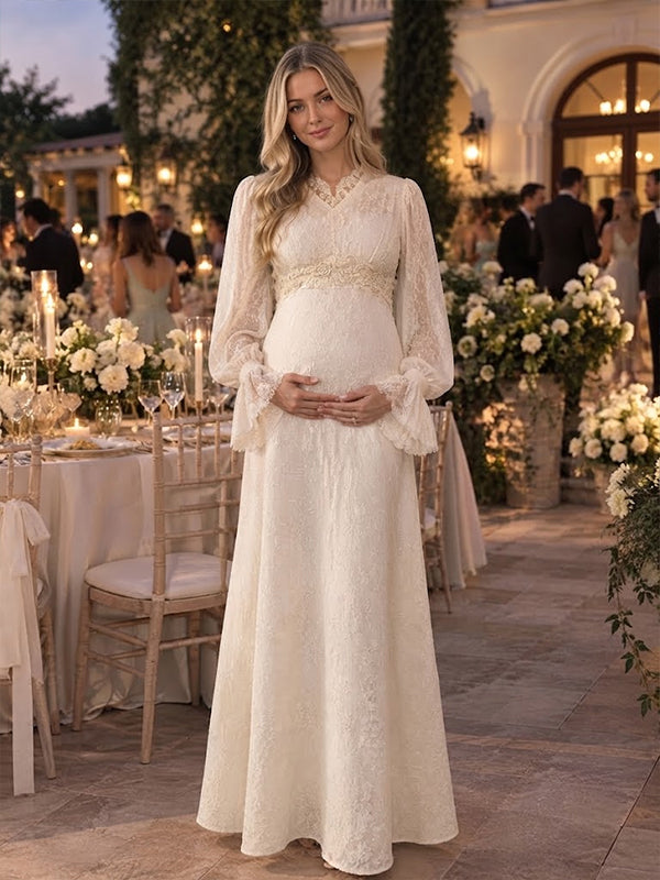 White Lace Maternity Maxi Dress with Flare Sleeve Detail and Lace Up Design and Elegant Silhouette