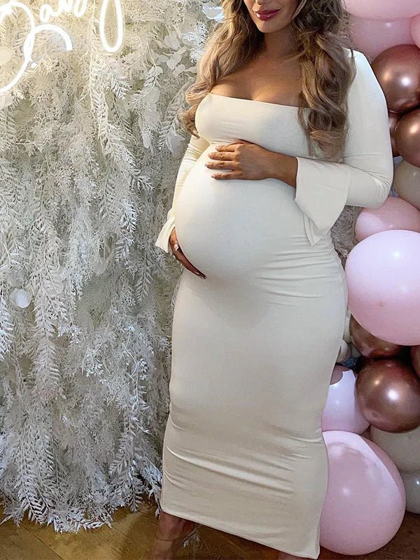 Momyknows Elegant Long Sleeve Maternity Dress Ultimate Gender Reveal Outfit White Bodycon Dress