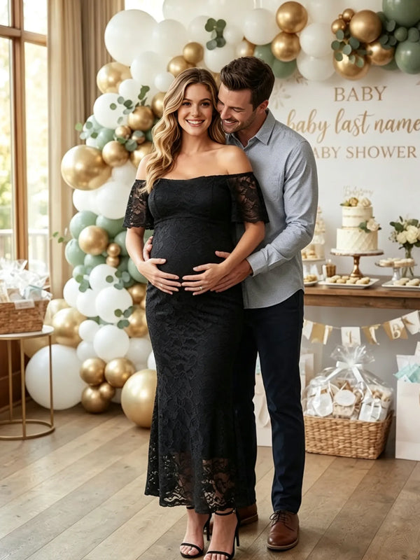 Black Lace Maternity Dress with Bodycon Silhouette and Ruffle Details, Baby Shower