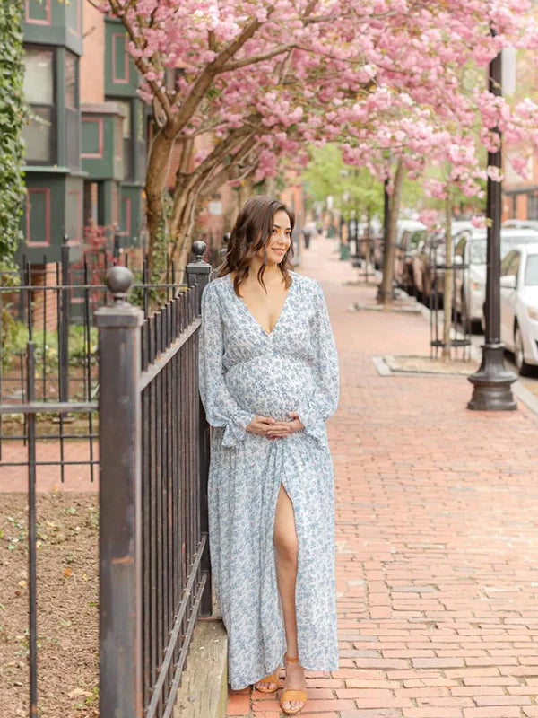 Momyknows Blue Floral Slit Big Swing Buttons Down Front Close Lantern Sleeve Flowy Elegant Baby Moon Beach Boho Maternity Photoshoot Baby Shower Maxi Dress