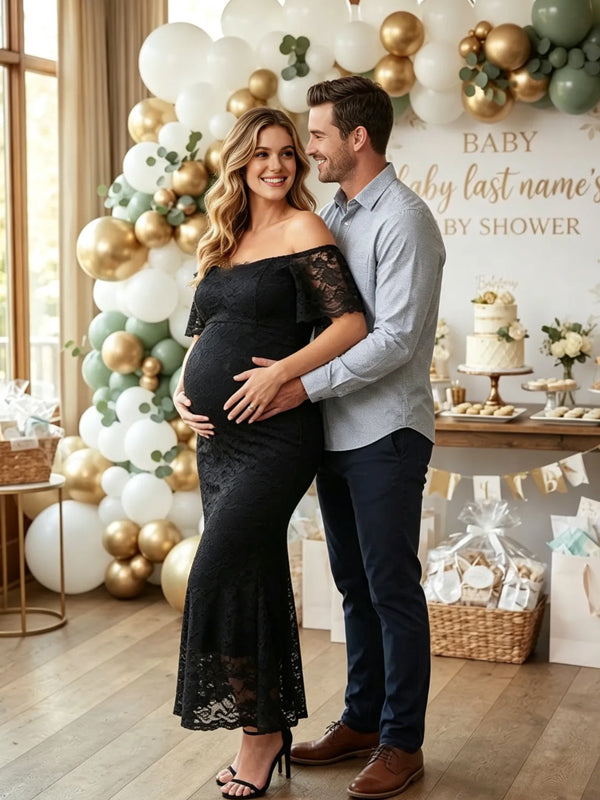 Black Lace Maternity Dress with Bodycon Fit and Ruffle Details