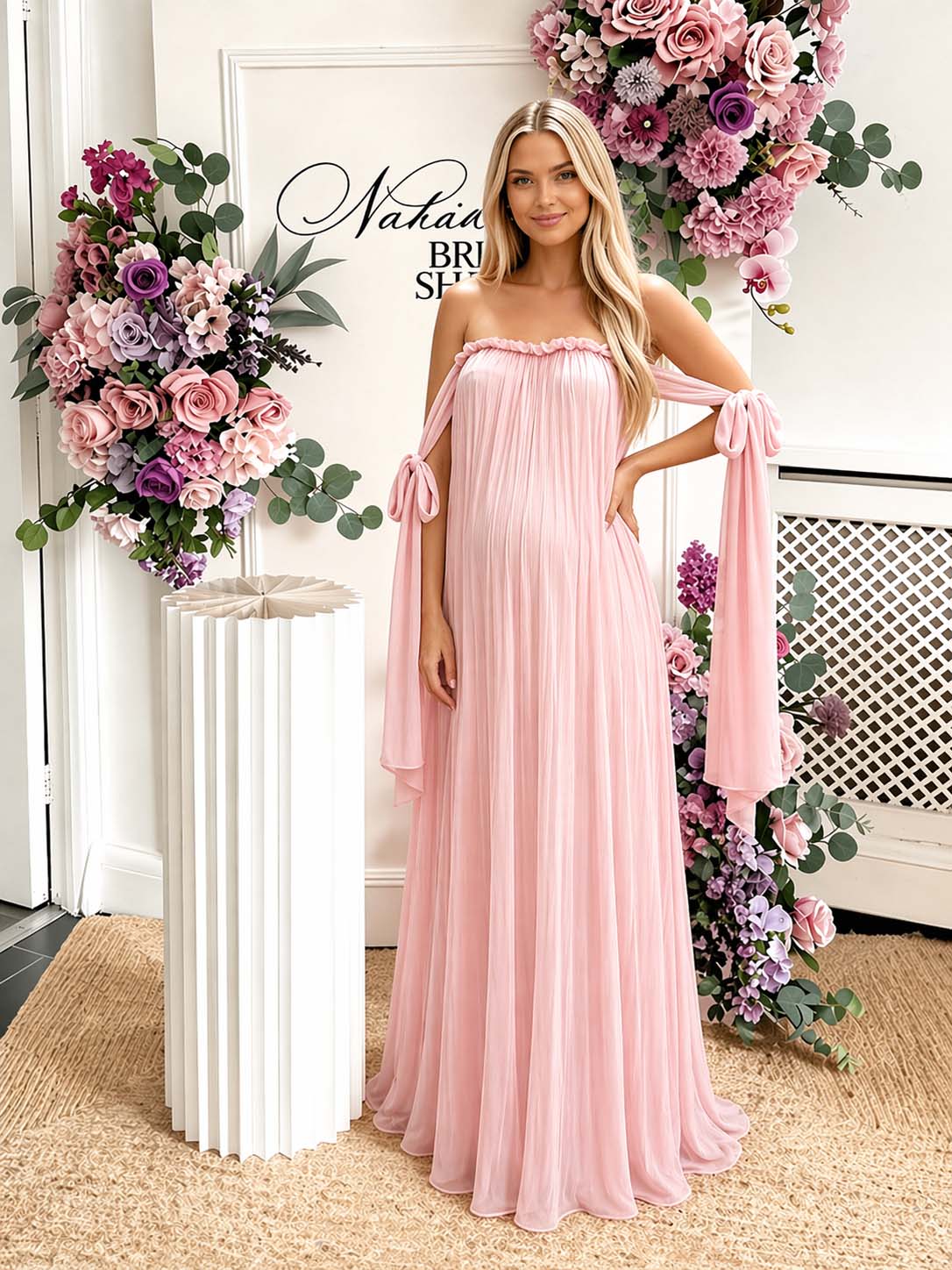 Momyknows Pink Off Shoulder Lace Up Big Swing Backless Maternity Baby Shower Maxi Dress, Pink / S