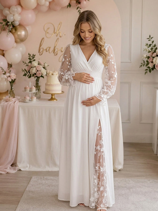 White Embroidery Lace Patchwork Backless Maternity Maxi Dress with Embroidery Lace Patchwork & Backless Design and Loose Fit A-Line Maxi, Babyshower Wear