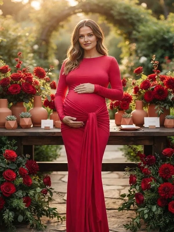 Momyknows Red Ruched Lace Up Bodycon Maternity Baby Shower Maxi Dress - Red - 4