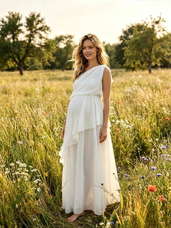 Momyknows Oblique Shoulder Falbala Solid Color Maternity Photoshoot Maxi Dress - White - 2