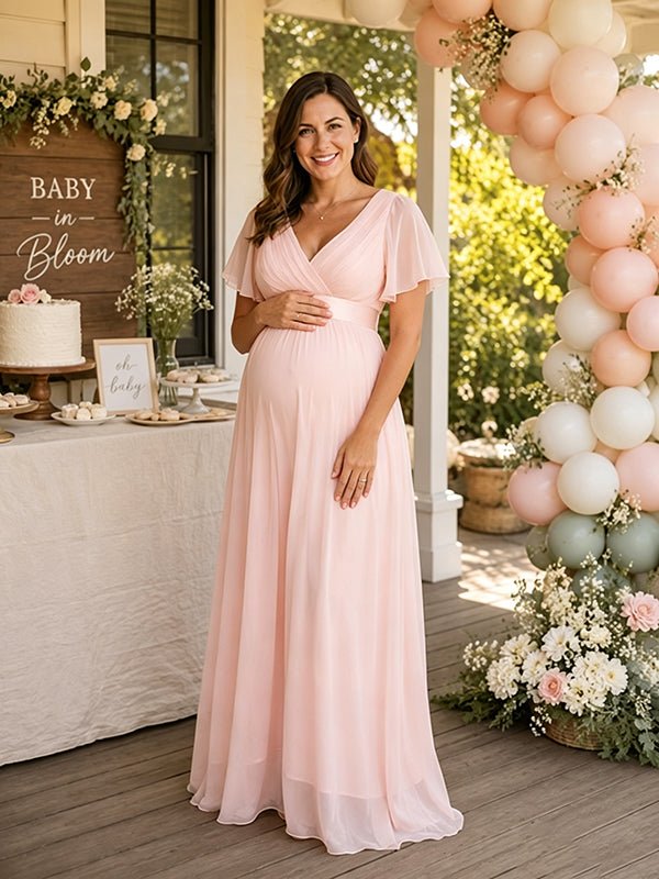 pink maternity dresses for baby shower Momyknows Ruched Bowknot Draped Backless Halter Neck Bodycon Maxi Dress, / M Summer Decoration Momyknows Elegant Pink Flare Sleeve
