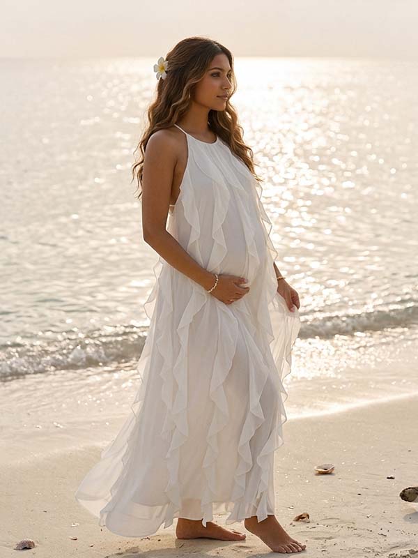 Momyknows White Ruffle Halter Neck Backless Lace-up Maternity Photoshoot Maxi Dress - White - 3