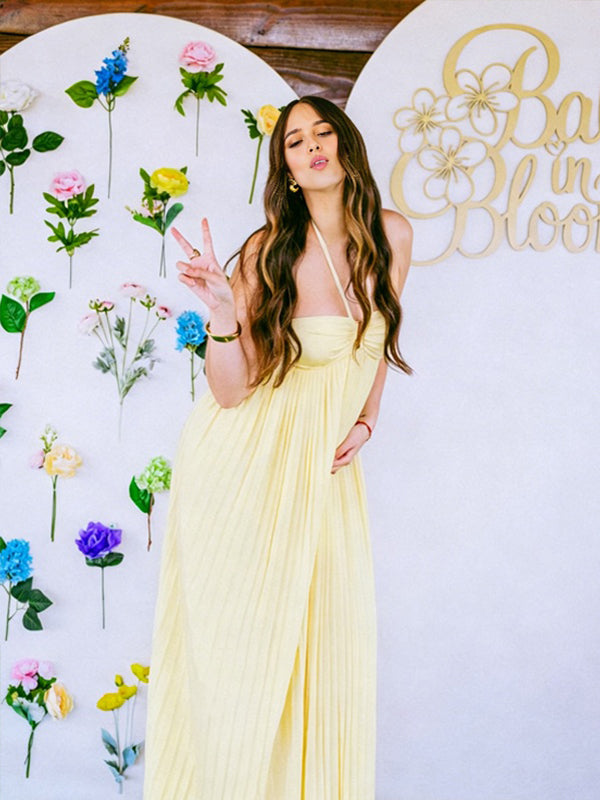 Momyknows Yellow Halter Neck Draped Hem Backless Lace Up Maternity Baby Shower Maxi Dress Yellow / S Momyknows Yellow Halter Neck Draped Hem Backless Lace Up Maternity Baby Shower Maxi Dress Yellow / S