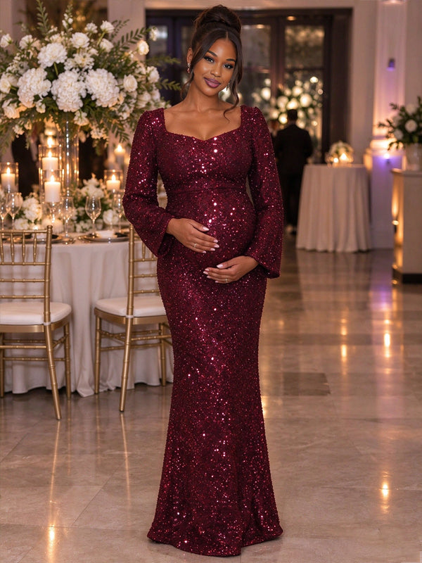 Wine red sequin maternity dress with flared sleeves and an A-line silhouette, featuring a sparkling finish for wedding guests