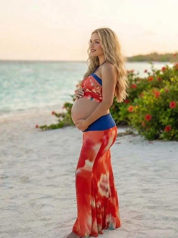 Momyknows Red Halter Neck Midriff Two Piece Lace-up Print Maternity Photoshoot Maxi Dress, Red / M