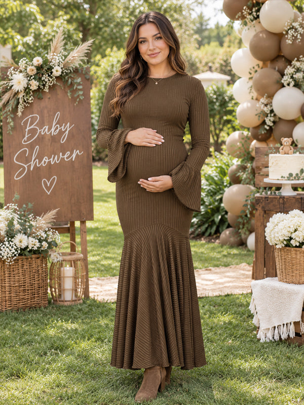 Brown Elegant Flare Sleeve Mermaid Lace Up Maternity Dresses