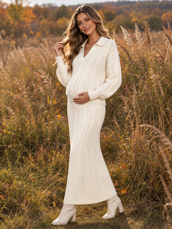 Apricot Crochet Sweater Maternity Maxi Dress with Turndown Collar and Elegant Fit, Photoshoot Occasion
