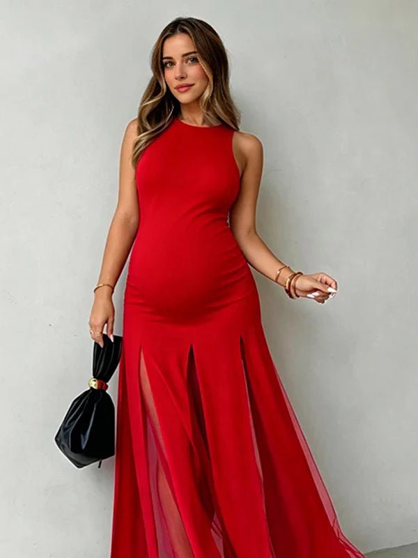 Momyknows Chic Red Mesh Patchwork A-Line Flowy Cocktail Vacation Maternity Maxi Dress, Red / 2XL