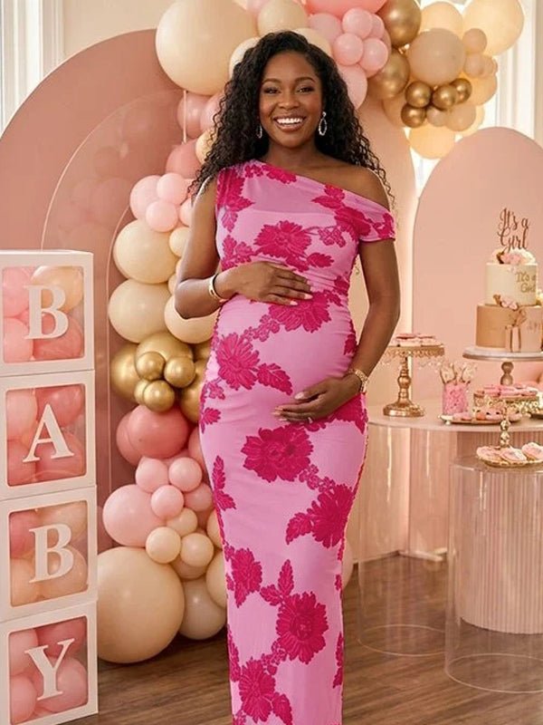 Momyknows Off-shoulder Mesh Floral Embroidery Splicing Bodycon Baby Shower Maternity Maxi Dress - Pink - 1