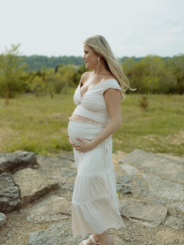 Momyknows Ivory White Two Piece Set Off Shoulder Ruffle Falbala Bodycon Elegant Maternity Boho Photoshoot Baby Shower Maxi Dress, Top / M
