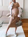 Momyknows Belly Friendly Belt Condole Belt Knit V-neck Babyshower Maternity Midi Dress