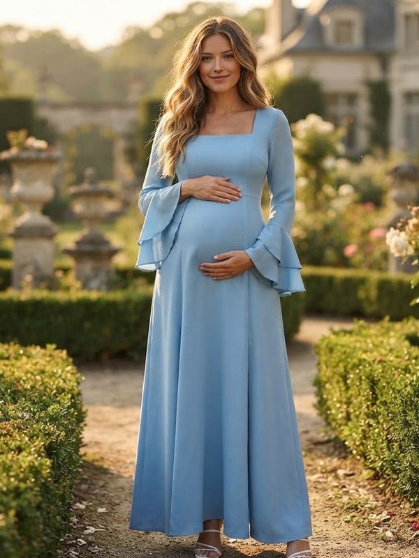 Blue Elegant Ruffle Maternity Maxi Dress with Flare Sleeves and Big Swing Silhouette