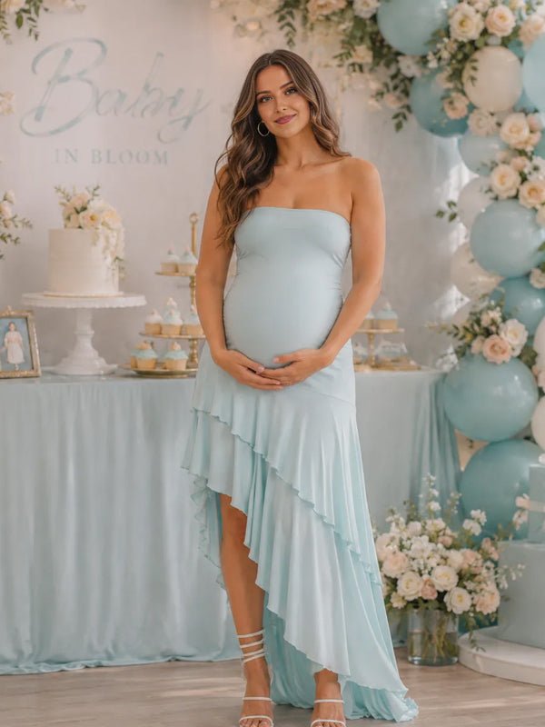 Momyknows Ruffle Side Slit Trumpet Big Swing Maternity Baby Shower Maxi Dress - Sky Blue - 1