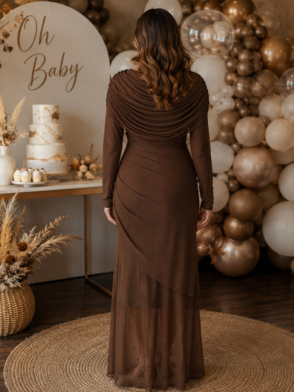 Coffee Maternity Maxi Dress with Ruched Design and Open Collar Style