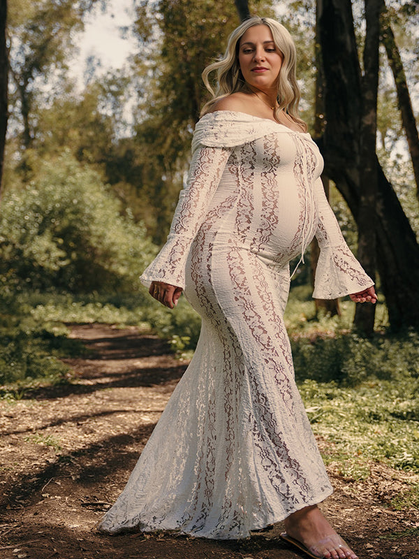 Momyknows White Off Shoulder Lace Bandeau Tie Front Mermaid Plus Size Photoshoot Maternity Maxi Dress