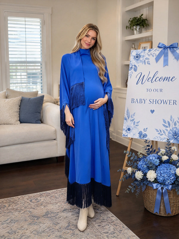 Blue Maternity Maxi Dress with Batwing Sleeve Design and Tassel Ribbon Embellishments and Elegant Fit