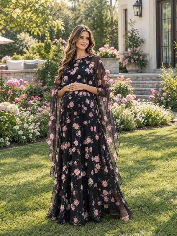 Black Print Maternity Maxi Dress with Cape Design and Graceful Big Swing Shape