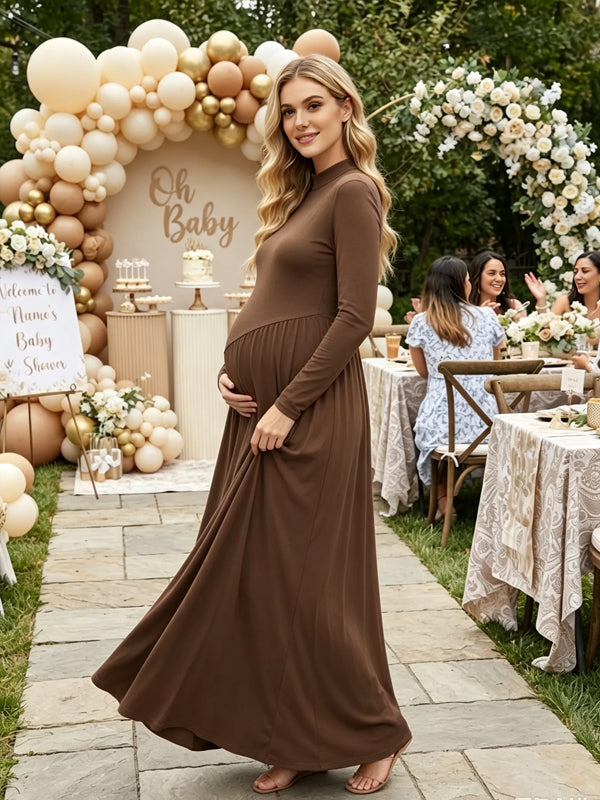 Brown High-Waisted Pleated A-Line Maternity Dress with Bodycon Silhouette