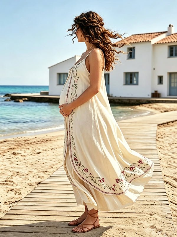 Momyknows Plus Size Big Swing Print Floral Spaghetti Straps Open Back Maternity Photoshoot Maxi Dress - Beige - 2