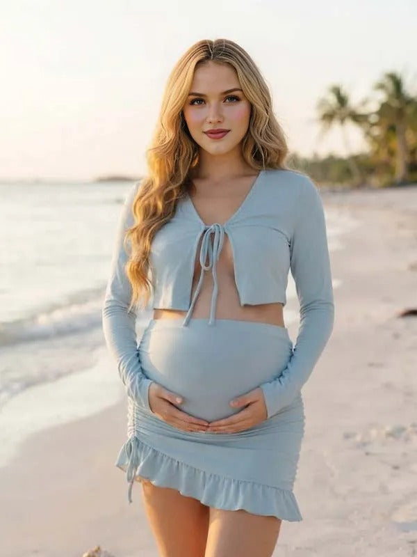 Momyknows Blue Two Piece Lace-up Ruffle Maternity Mini Dress