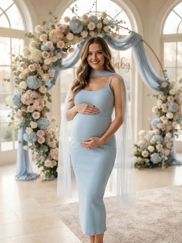 Momyknows Blue Spaghetti Strap Ribbon Bodycon Scarf Maternity Baby Shower Maxi Dress - Blue - 5