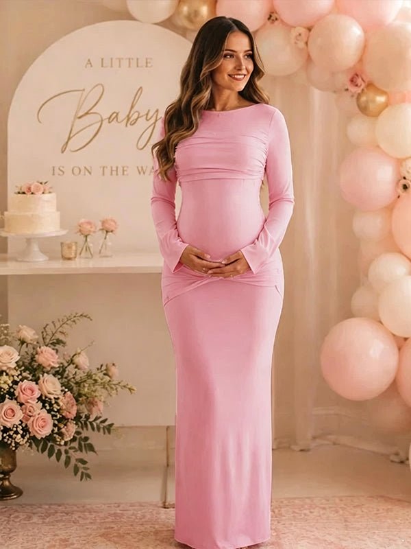 Momyknows Round Neck Ruched Bodycon Maternity Baby Shower Maxi Dress - Pink - 6