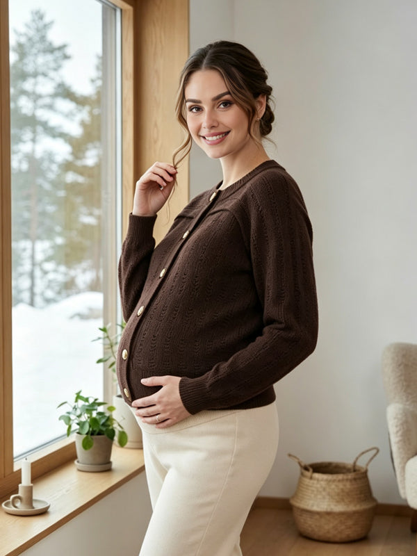 Brown Crochet Maternity Cardigan with Button-Front Closure and Casual Style