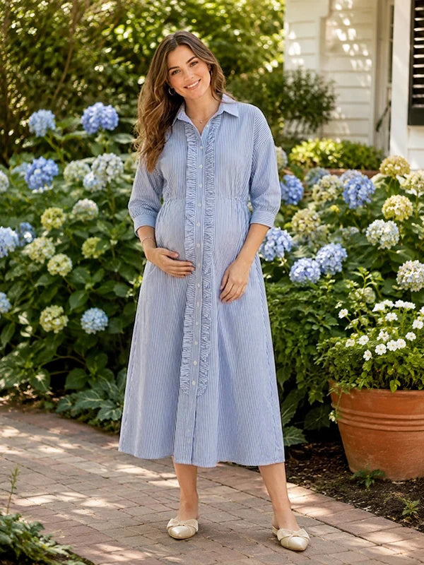 Blue Elegant Striped Falbala Maternity Maxi Dress