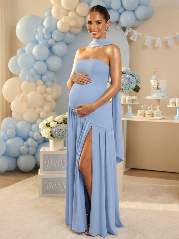 Momyknows Blue Bandeau Side Slit Draped Baby Shower Maternity Maxi Dress