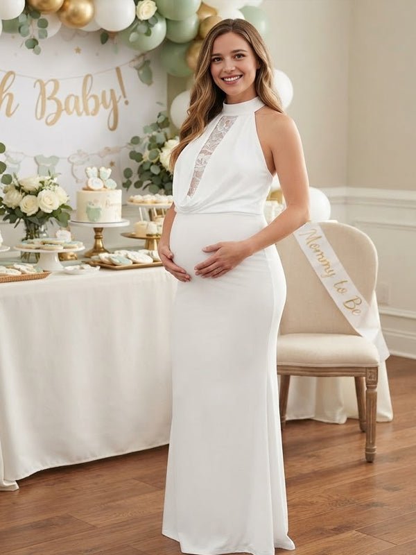 Momyknows White Halter Neck Lace Backless Lace Up Maternity Baby Shower Maxi Dress - White - 2