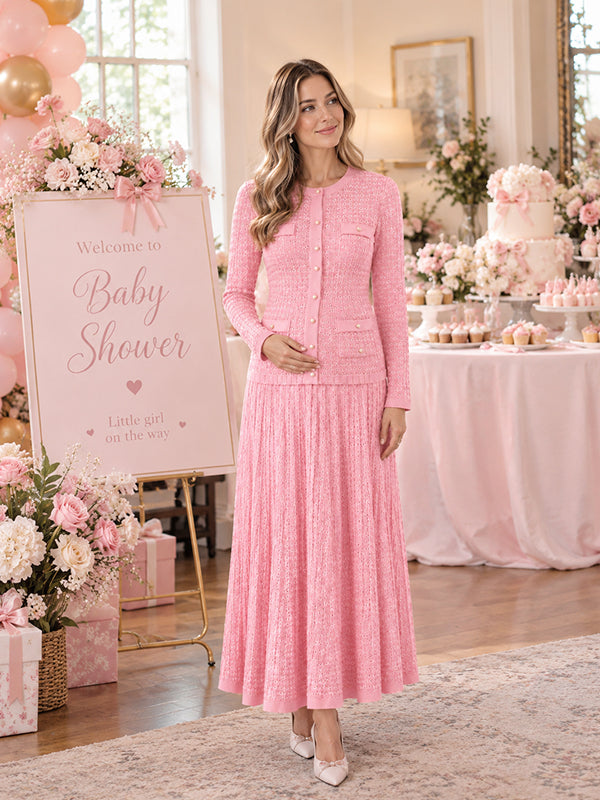 Pink Crochet Button Maternity Maxi Dress with Round Neckline and Flowing Silhouette, Baby Shower Occasion