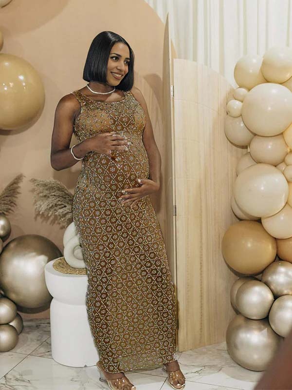 Momyknows Diamond Sparkly Rhinestone Back Slit Mesh Sheer Elegant Photoshoot Baby Shower Maternity Maxi Dress