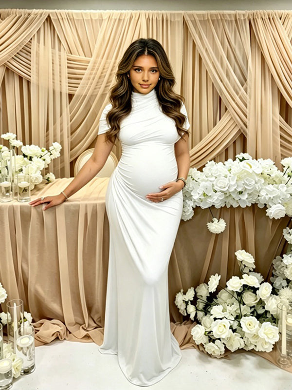 Momyknows White Ruched Irregular Bodycon Maternity Baby Shower Maxi Dress