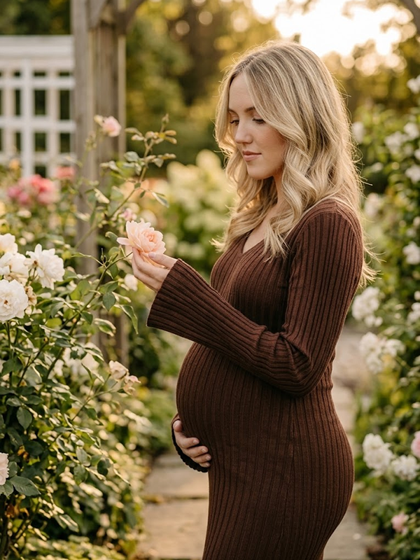 Coffee Embroidered Maternity Long Dress with Ruffle Trim Bodycon Silhouette