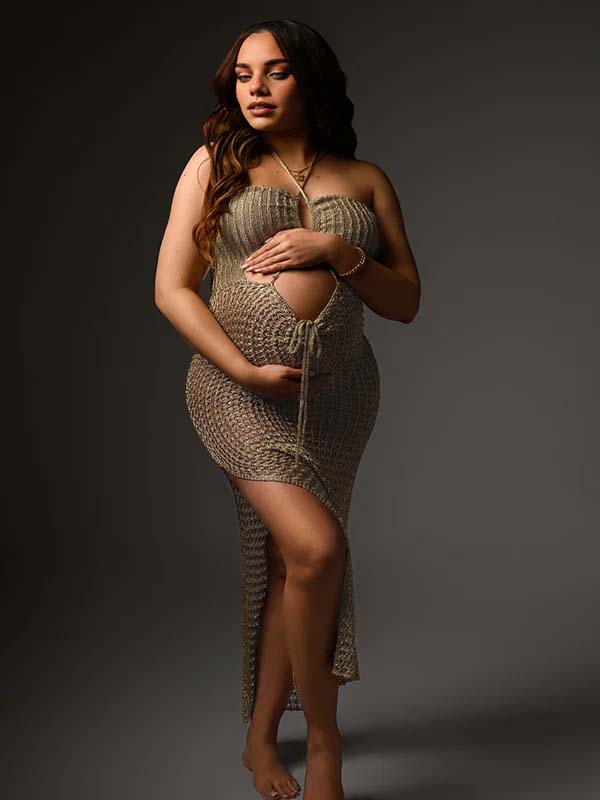 Momyknows Khaki Halter Neck Side Slit Lace-up Maternity Photoshoot Maxi Dress