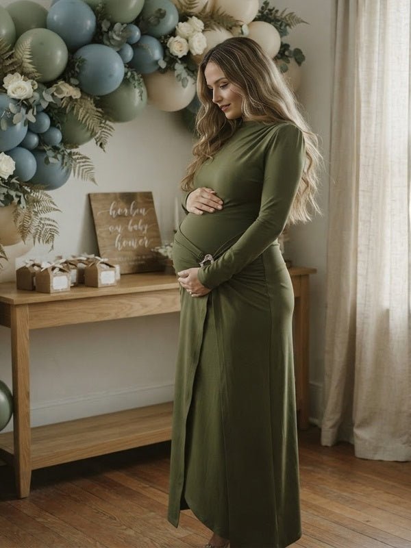 Momyknows Green Ruched Bodycon Split Design Maternity Baby Shower Maxi Dress - Green - 3