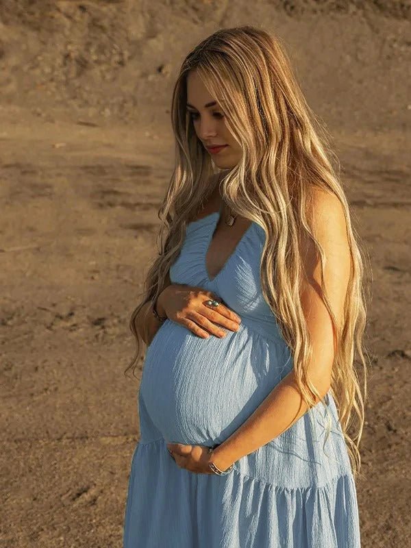 Momyknows Boho Blue Backless Tie Back Bowknot Halter Neck Flowy Photoshoot Western Maternity Maxi Dress - Blue - 3