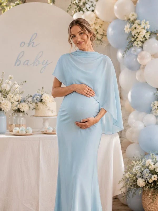 Momyknows Mermaid Spaghetti Straps Grenadine Cape 2-in-1 Baby Shower Maternity Maxi Dress - Blue - 1